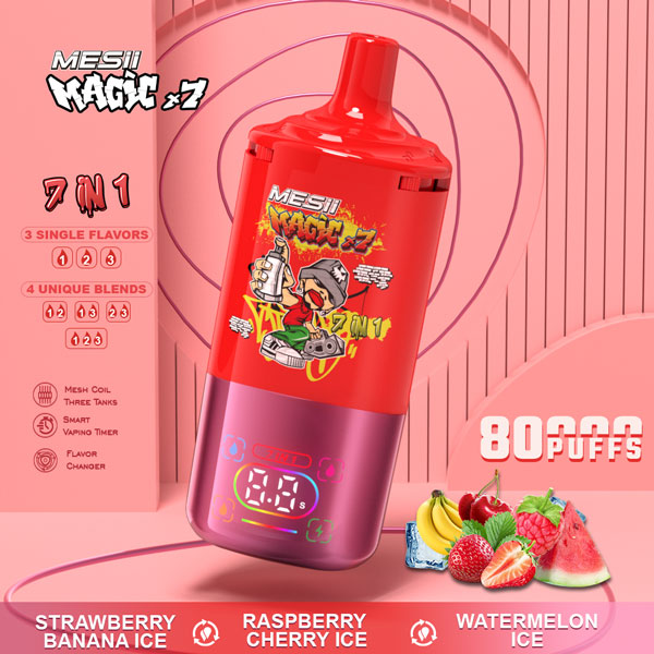 Vaper Desechable MESII Magic X7 7 en 1 Combinación Plátano Fresa Helado + Frambuesa Cereza Helada + Sandía Helada - Strawberry Banana Ice + Raspberry Cherry Ice + Watermelon Ice