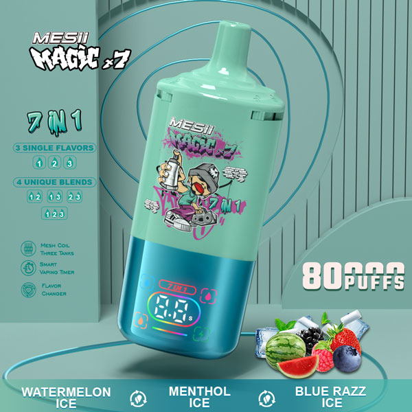 Vaper Desechable MESII Magic X7 7 en 1 Combinación Sandía Helada + Mentol Helado + Baya Azul Helada - Watermelon Ice + Menthol Ice + Blue Razz Ice