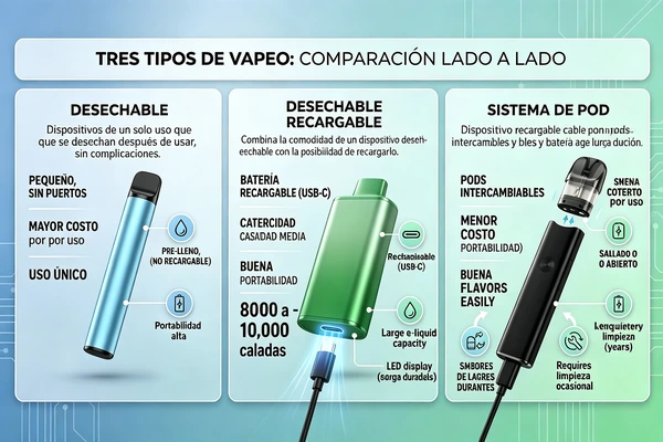 Comparación entre vape desechable, vape desechable recargable y sistema pod para principiantes