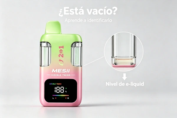 Vape con depósito transparente mostrando un nivel bajo de e-liquid